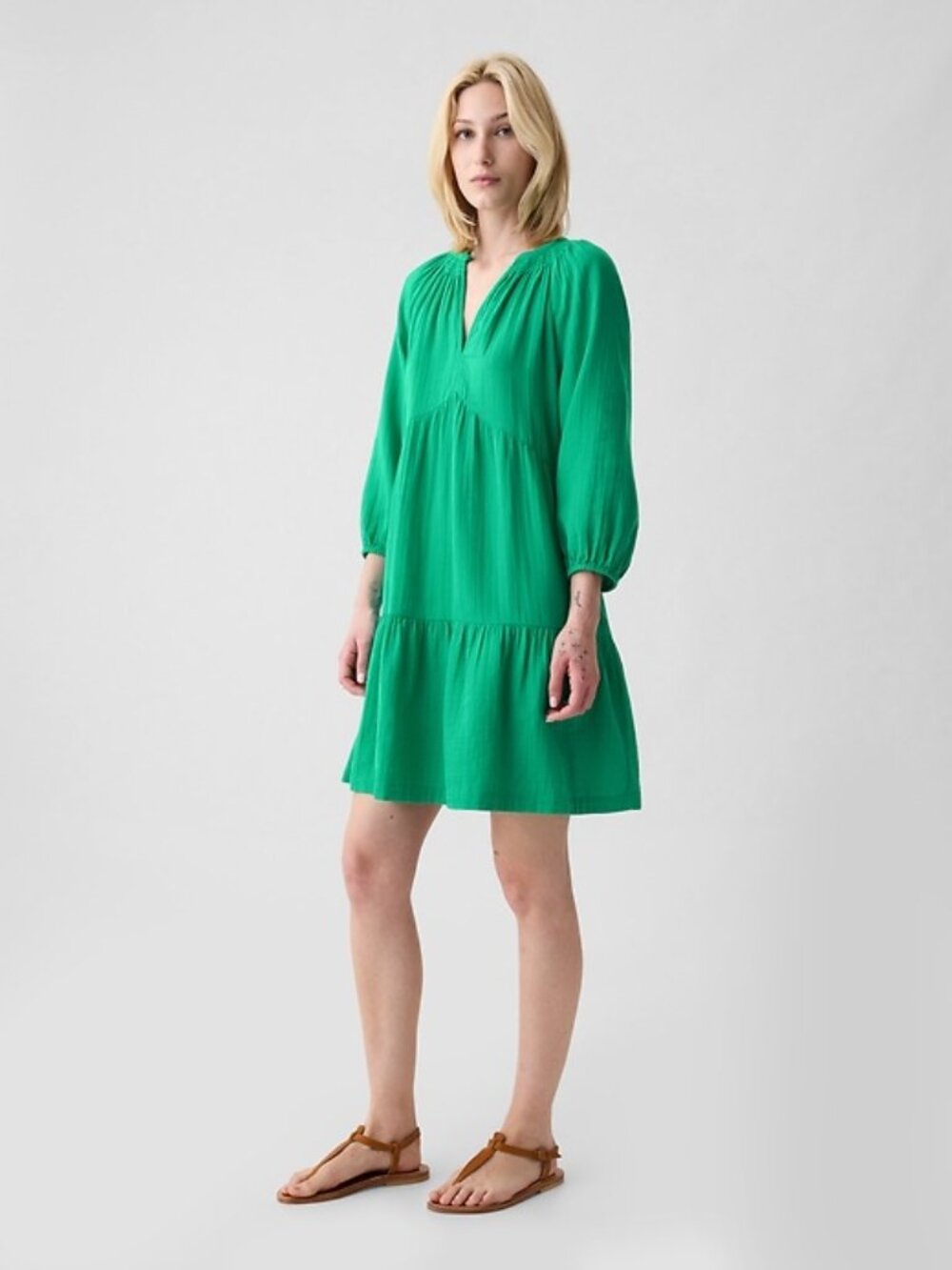 GAP Green V-Neck Crinkle Gauze Tiered Mini Women's Dress Size XXL